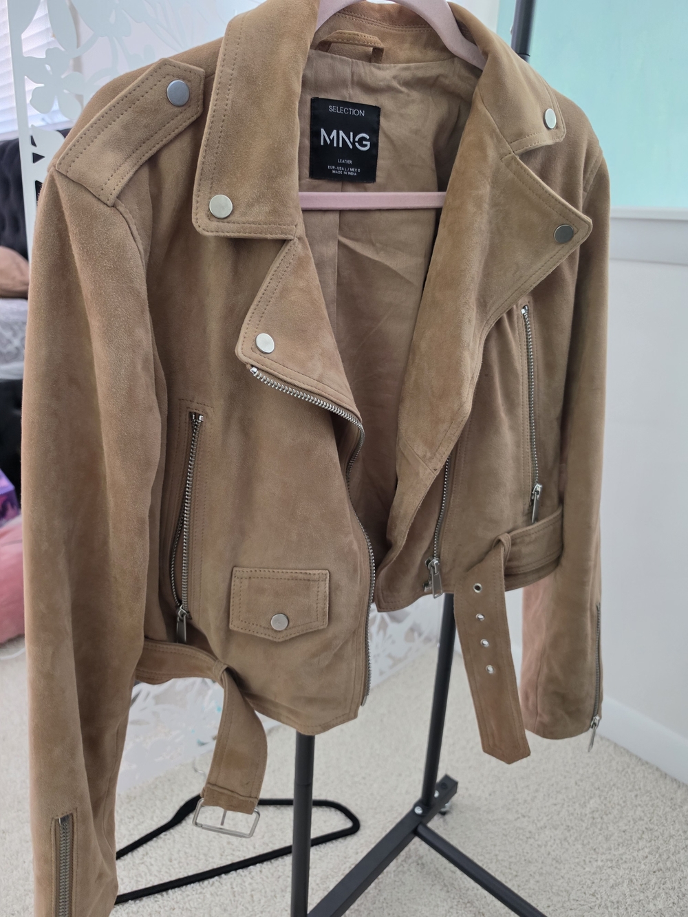 Mango Suede Biker Jacket in Tan